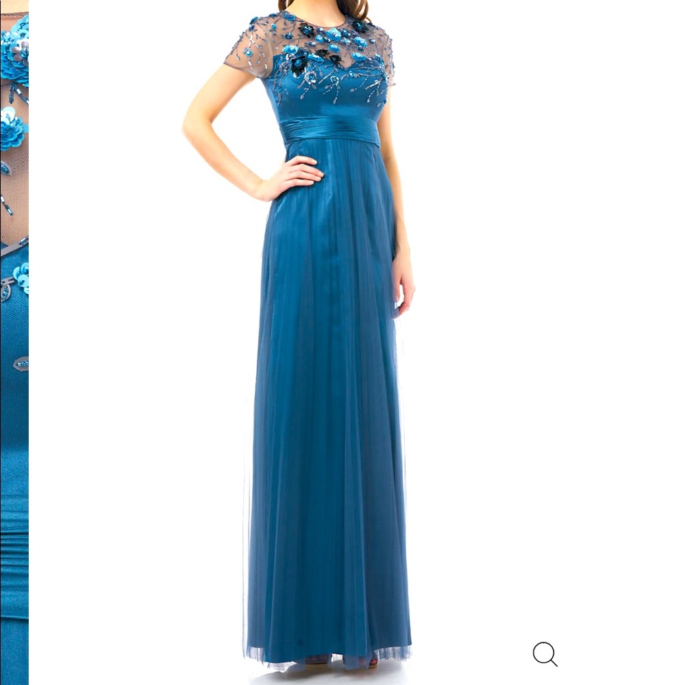 JS Collections Teal Embroidered Illusion Neck Maxi Dress